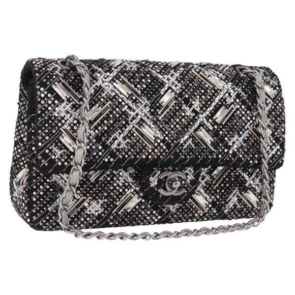 CHANEL beads Chain Matelasse 25 Bag Tweed Black Silver CC Auth yk20617SM