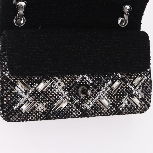 CHANEL beads Chain Matelasse 25 Bag Tweed Black Silver CC Auth yk20617SM