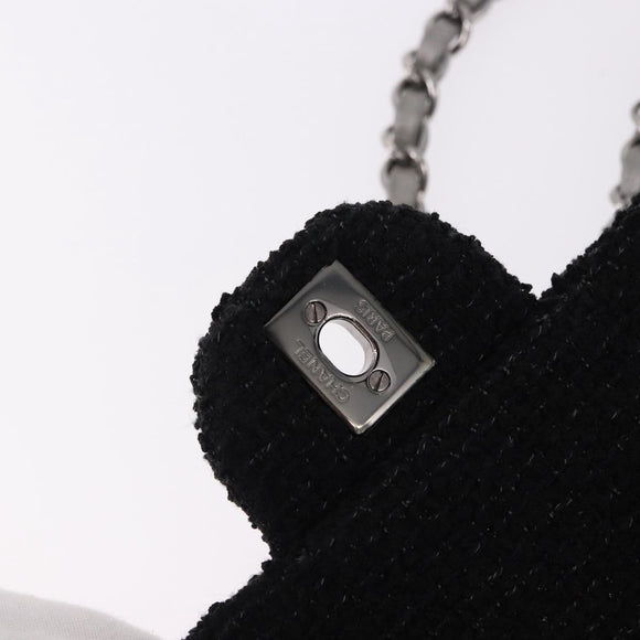 CHANEL beads Chain Matelasse 25 Bag Tweed Black Silver CC Auth yk20617SM
