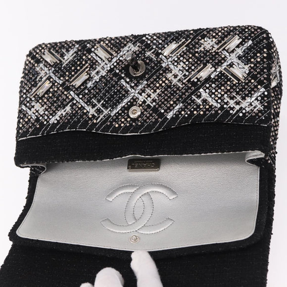 CHANEL beads Chain Matelasse 25 Bag Tweed Black Silver CC Auth yk20617SM