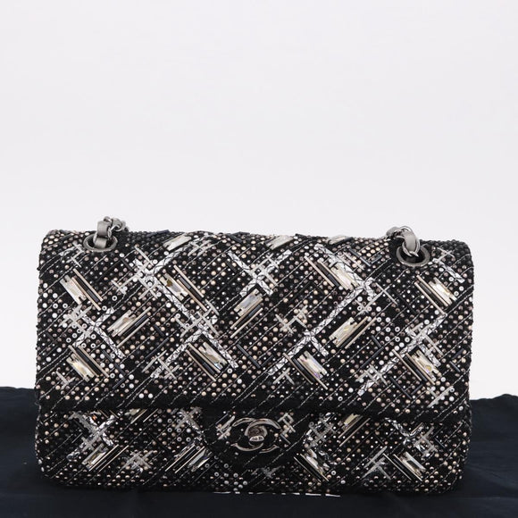 CHANEL beads Chain Matelasse 25 Bag Tweed Black Silver CC Auth yk20617SM
