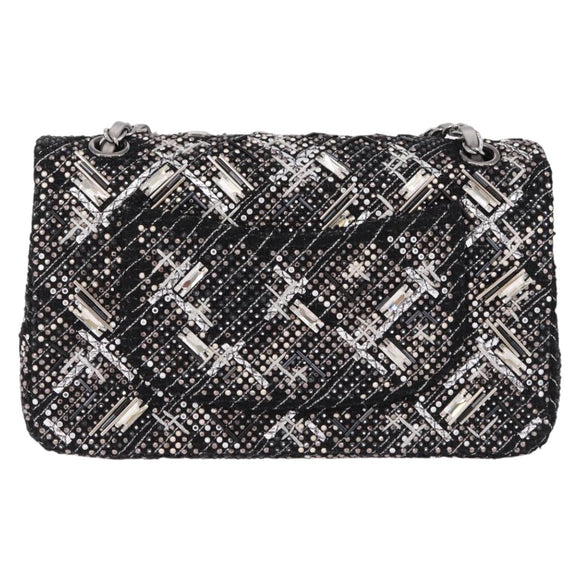 CHANEL beads Chain Matelasse 25 Bag Tweed Black Silver CC Auth yk20617SM