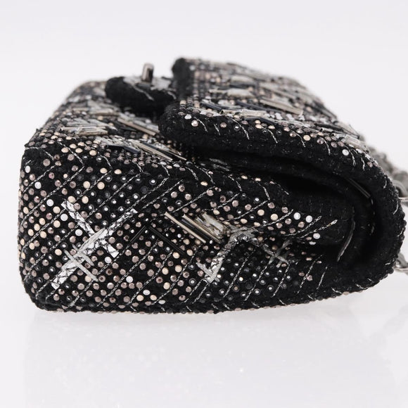 CHANEL beads Chain Matelasse 25 Bag Tweed Black Silver CC Auth yk20617SM