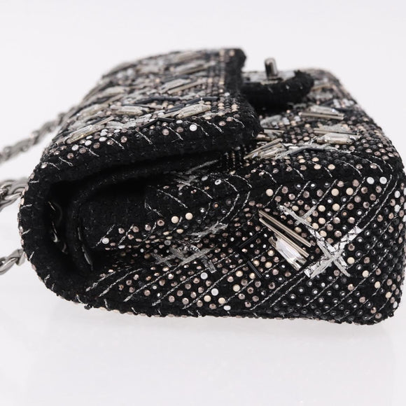 CHANEL beads Chain Matelasse 25 Bag Tweed Black Silver CC Auth yk20617SM