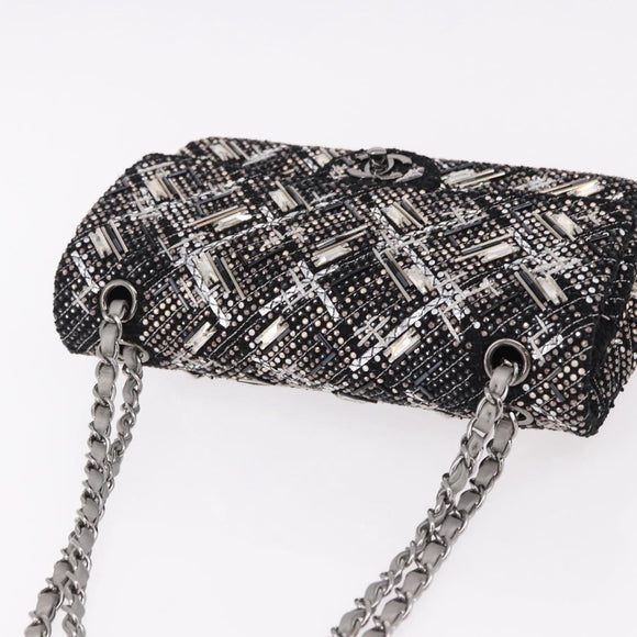 CHANEL beads Chain Matelasse 25 Bag Tweed Black Silver CC Auth yk20617SM