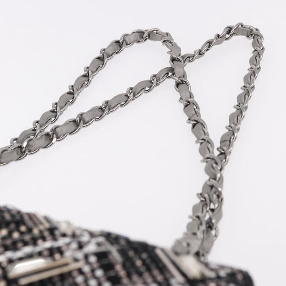 CHANEL beads Chain Matelasse 25 Bag Tweed Black Silver CC Auth yk20617SM