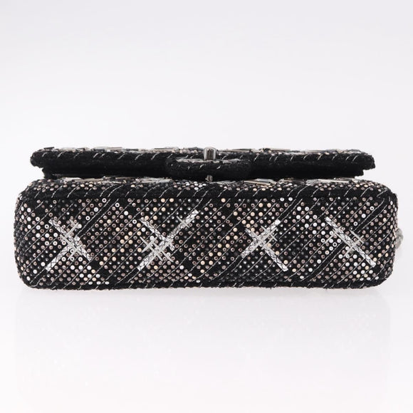 CHANEL beads Chain Matelasse 25 Bag Tweed Black Silver CC Auth yk20617SM