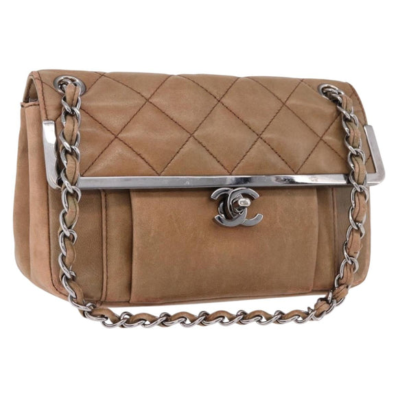 CHANEL Matelasse Chain Hand Bag Lamb Skin Brown Silver CC Auth yk20623A