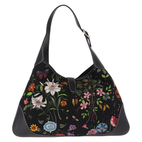 GUCCI Jackie Flora Shoulder Bag Canvas Black Gold 153029 Auth yk20625SAV