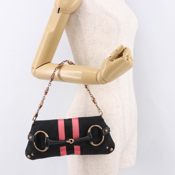 GUCCI GG Canvas Bamboo Chain Horsebit Hand Bag Black Gold 129497 Auth yk20630SAM