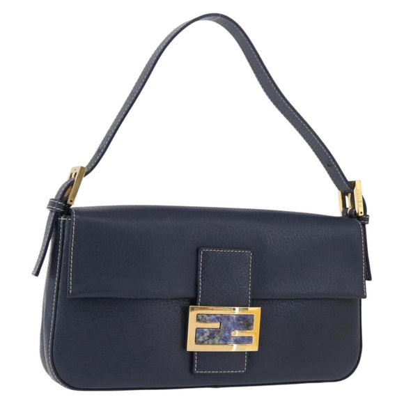 FENDI Mamma Baguette Shoulder Bag Leather Navy Gold Auth yk20632SAM
