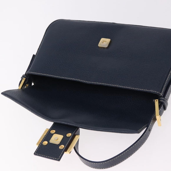 FENDI Mamma Baguette Shoulder Bag Leather Navy Gold Auth yk20632SAM