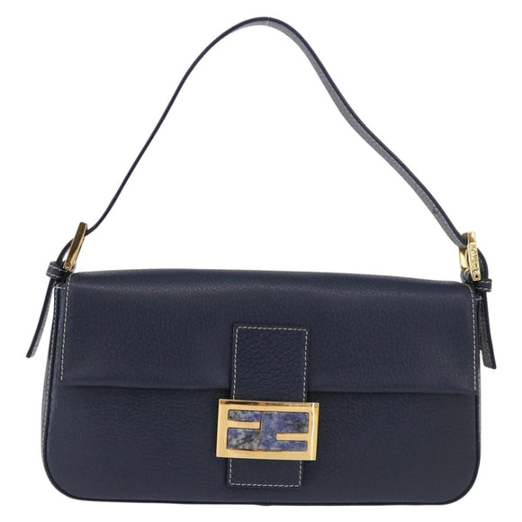 FENDI Mamma Baguette Shoulder Bag Leather Navy Gold Auth yk20632SAM
