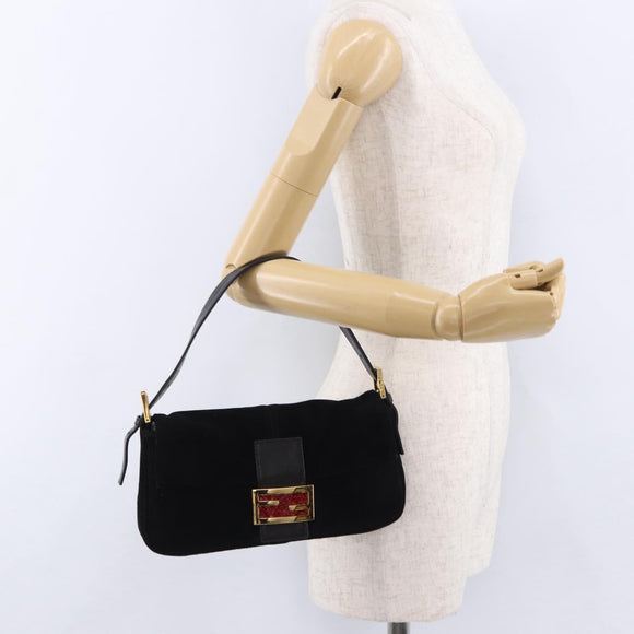 FENDI Mamma Baguette Shoulder Bag Suede Black Gold Tone Auth yk20635SAM