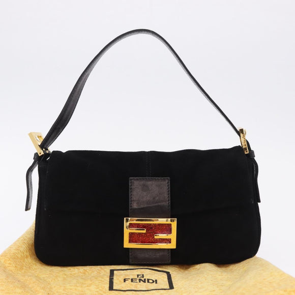 FENDI Mamma Baguette Shoulder Bag Suede Black Gold Tone Auth yk20635SAM