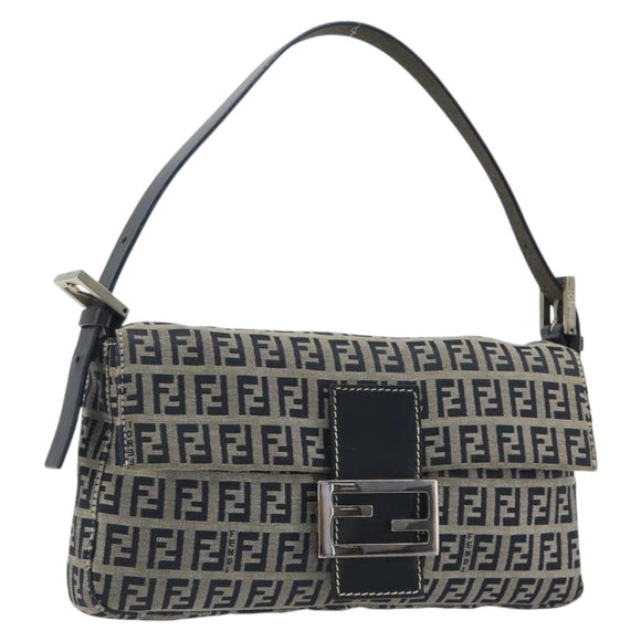 FENDI Zucchino Canvas Mamma Baguette Shoulder Bag Navy Silver Auth yk20655SAM
