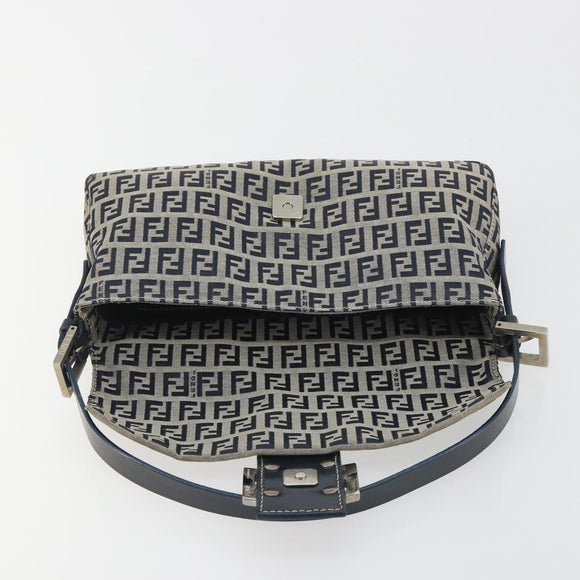 FENDI Zucchino Canvas Mamma Baguette Shoulder Bag Navy Silver Auth yk20655SAM