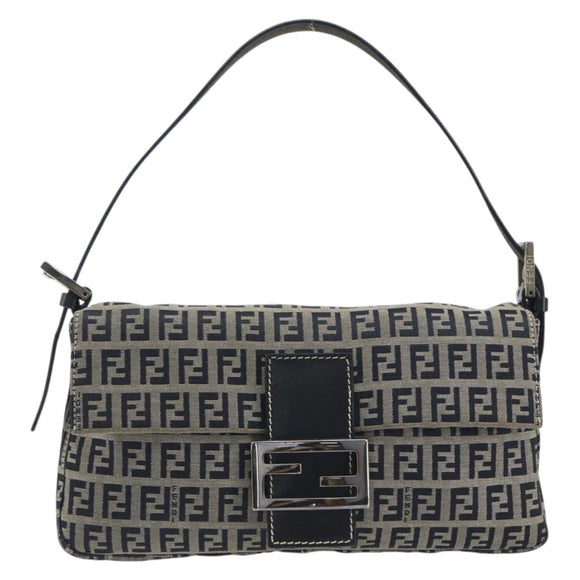 FENDI Zucchino Canvas Mamma Baguette Shoulder Bag Navy Silver Auth yk20655SAM
