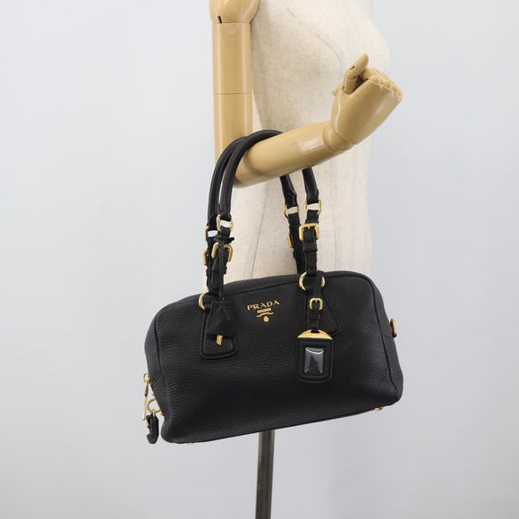 PRADA Hand Bag Leather Black Gold Tone Auth yk20656SAM