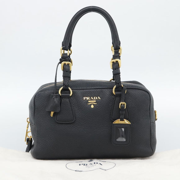 PRADA Hand Bag Leather Black Gold Tone Auth yk20656SAM