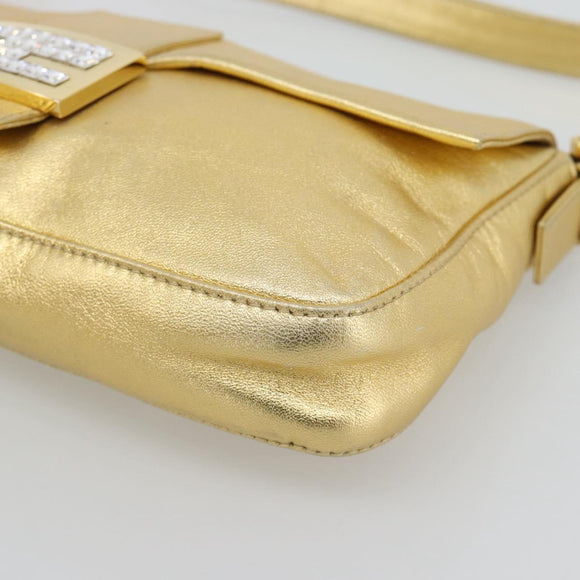 FENDI Rhinestone Mamma Baguette Shoulder Bag Leather Gold Tone Auth yk20666SAM
