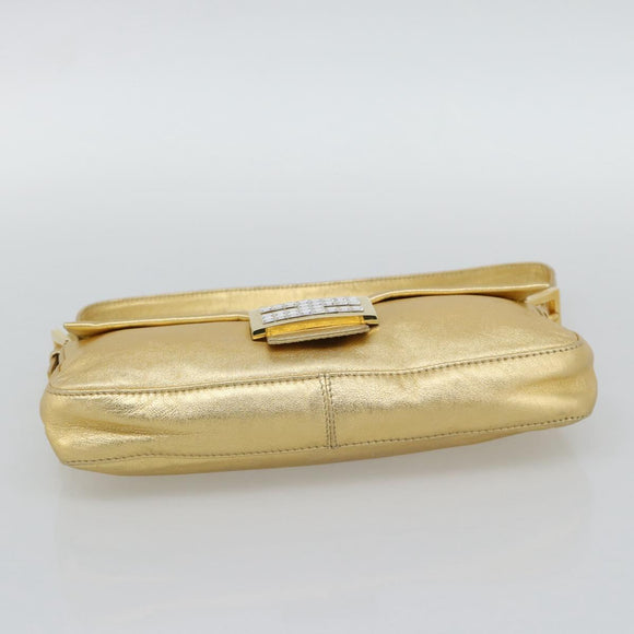 FENDI Rhinestone Mamma Baguette Shoulder Bag Leather Gold Tone Auth yk20666SAM