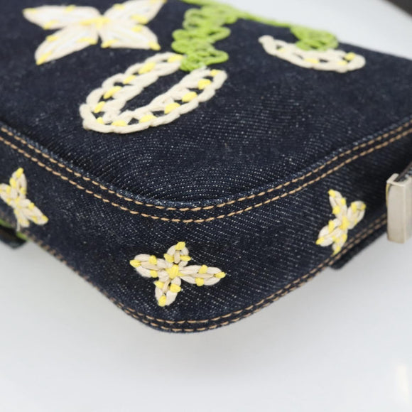 FENDI Flower Embroidery Mamma Baguette Shoulder Bag Denim Navy Auth yk20668SM