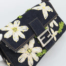 FENDI Flower Embroidery Mamma Baguette Shoulder Bag Denim Navy Auth yk20668SM-15
