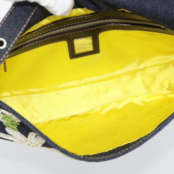 FENDI Flower Embroidery Mamma Baguette Shoulder Bag Denim Navy Auth yk20668SM