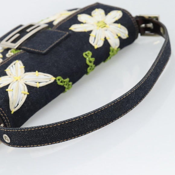 FENDI Flower Embroidery Mamma Baguette Shoulder Bag Denim Navy Auth yk20668SM