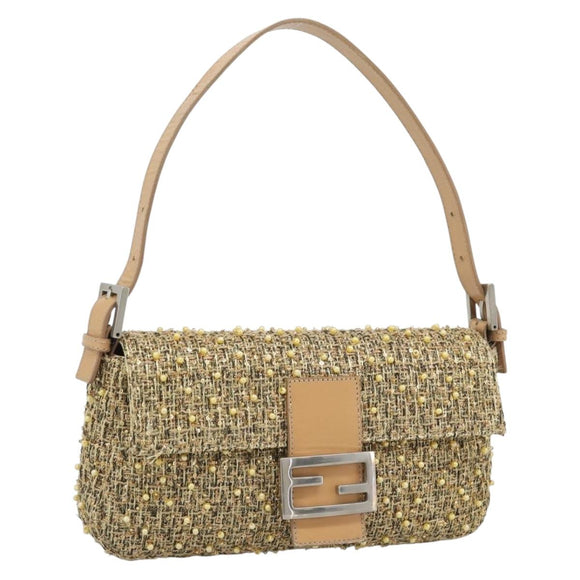 FENDI Tweed Beads Mamma Baguette Shoulder Bag Gold Silver 8BR000 Auth yk20672SAM