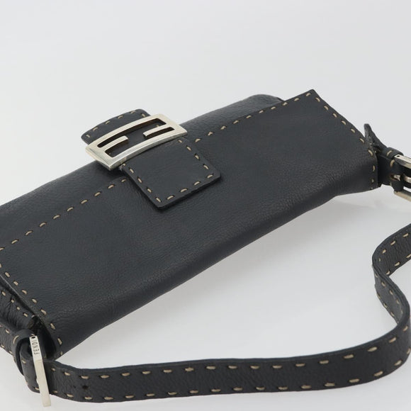 FENDI Celeria Mamma Baguette Shoulder Bag Leather Gray Silver Auth yk20674M