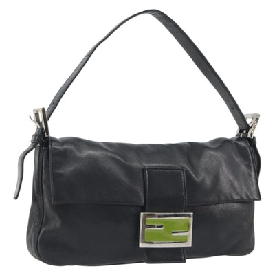 FENDI Mamma Baguette Shoulder Bag Leather Black Silver Auth yk20676SAM