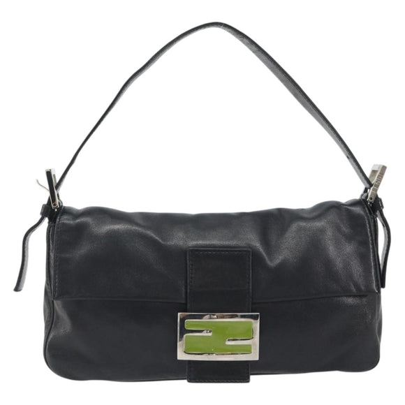 FENDI Mamma Baguette Shoulder Bag Leather Black Silver Auth yk20676SAM