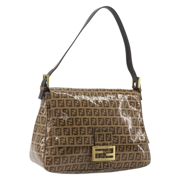 FENDI Zucchino Mamma Baguette Shoulder Bag Patent Beige Gold Tone Auth yk20679A