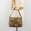 FENDI Zucchino Mamma Baguette Shoulder Bag Patent Beige Gold Tone Auth yk20679A-26