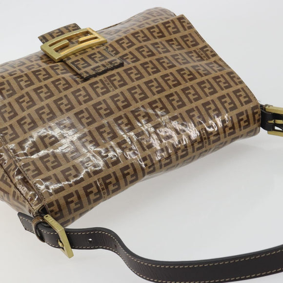FENDI Zucchino Mamma Baguette Shoulder Bag Patent Beige Gold Tone Auth yk20679A
