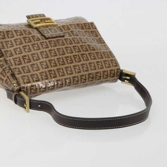 FENDI Zucchino Mamma Baguette Shoulder Bag Patent Beige Gold Tone Auth yk20679A