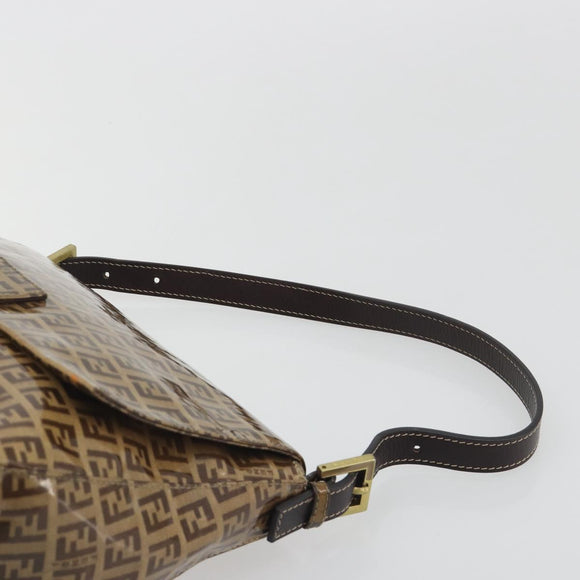 FENDI Zucchino Mamma Baguette Shoulder Bag Patent Beige Gold Tone Auth yk20679A