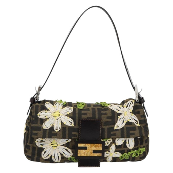 FENDI Zucca Canvas Flower Embroidery Mamma Baguette Brown Silver Auth yk20688SM