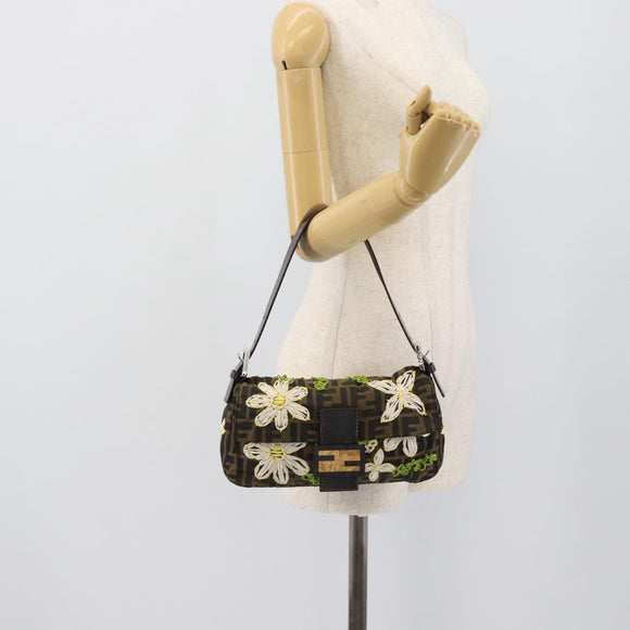 FENDI Zucca Canvas Flower Embroidery Mamma Baguette Brown Silver Auth yk20688SM