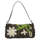 FENDI Zucca Canvas Flower Embroidery Mamma Baguette Brown Silver Auth yk20688SM-3