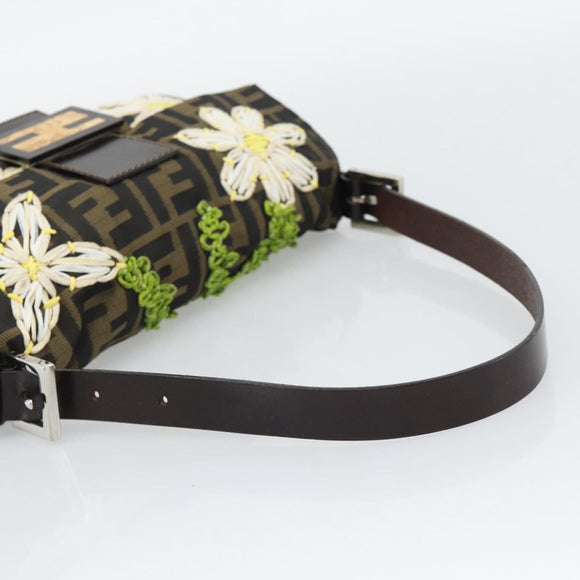 FENDI Zucca Canvas Flower Embroidery Mamma Baguette Brown Silver Auth yk20688SM