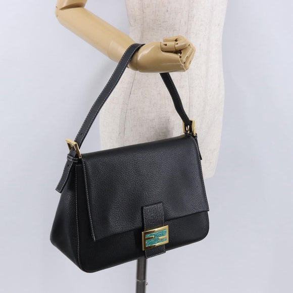 FENDI Mamma Baguette Shoulder Bag Leather Black Gold Tone Auth yk20691SAM