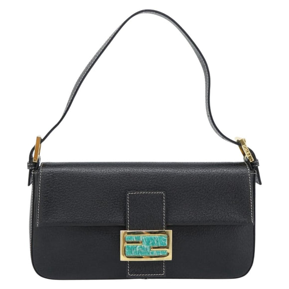 FENDI Mamma Baguette Shoulder Bag Leather Black Gold Tone Auth yk20692SM