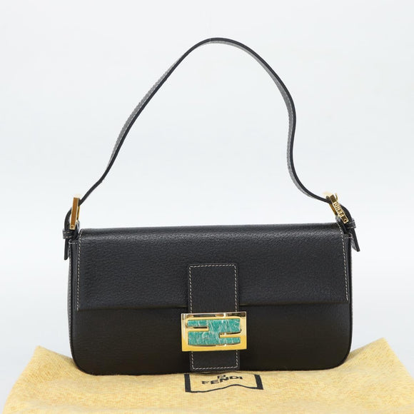 FENDI Mamma Baguette Shoulder Bag Leather Black Gold Tone Auth yk20692SM
