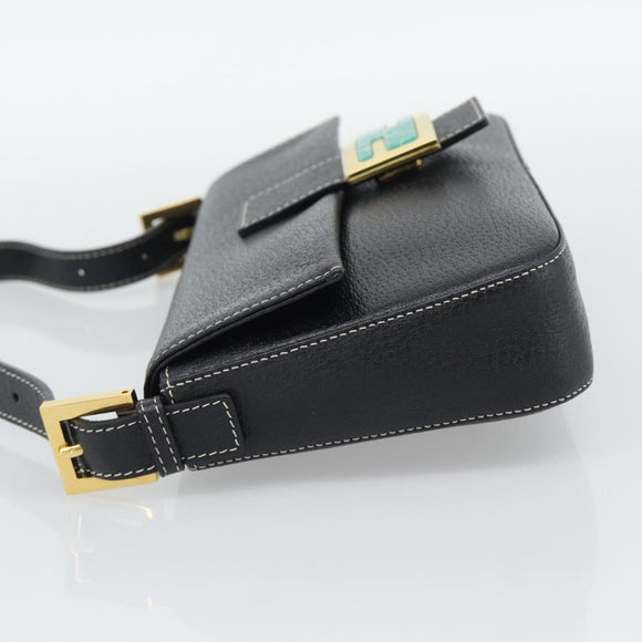 FENDI Mamma Baguette Shoulder Bag Leather Black Gold Tone Auth yk20692SM