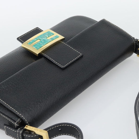 FENDI Mamma Baguette Shoulder Bag Leather Black Gold Tone Auth yk20692SM
