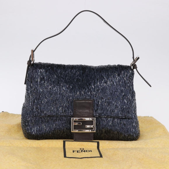 FENDI Mamma Baguette Shoulder Bag Beads Navy Silver Auth yk20696SAM