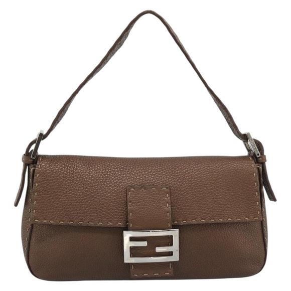 FENDI Celeria Mamma Baguette Shoulder Bag Leather Brown Silver Auth yk20699SAM